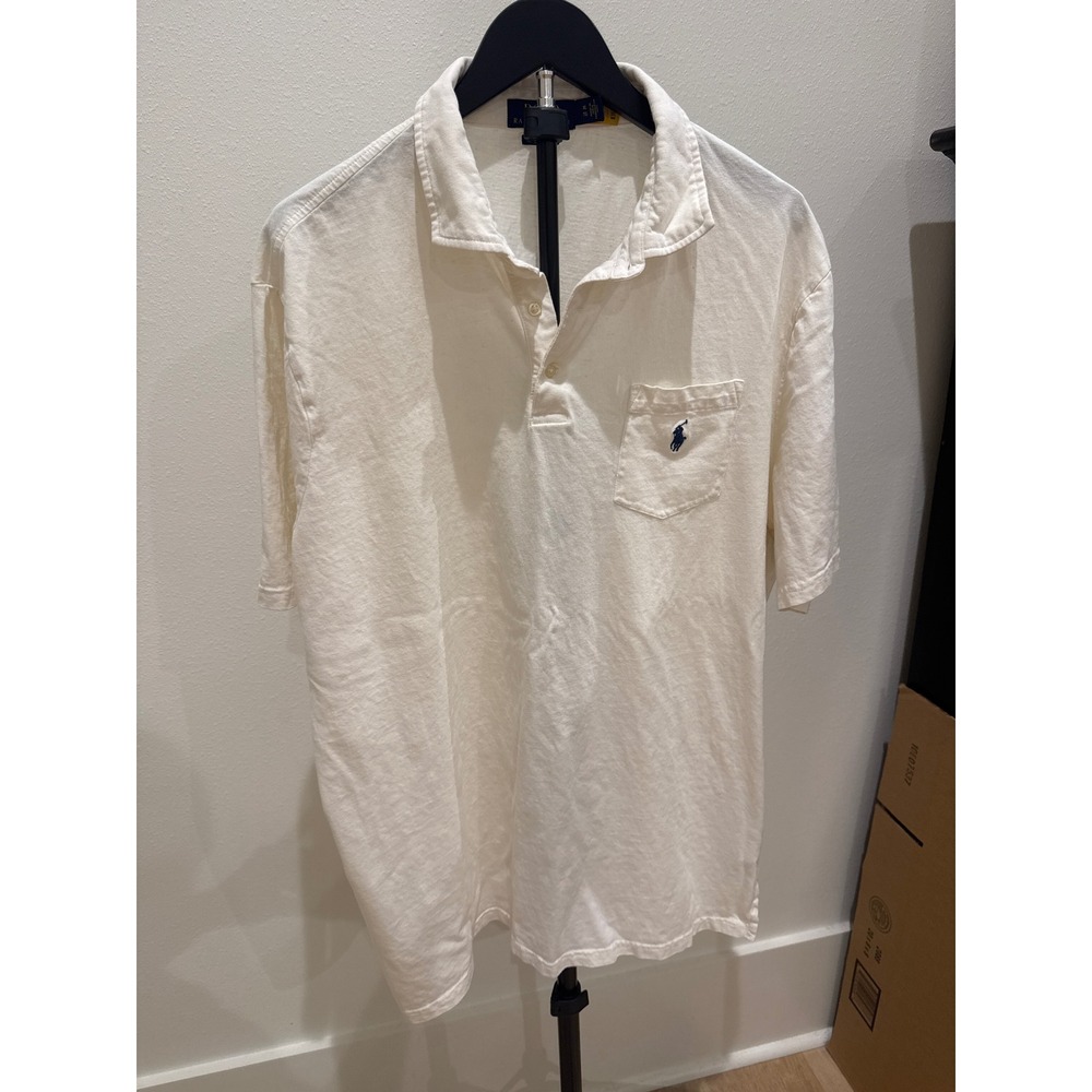 Polo Ralph Lauren Mens XL Classic Fit Cream Cotton Pocket Polo Shirt Off White